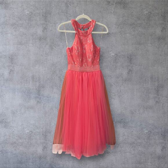 👗 Teeze Me Coral Pink Lace Halter Tulle Dress Size XS/S Prom Formal - Picture 3 of 8